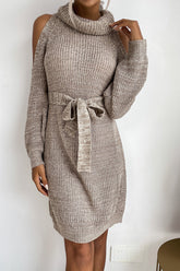 Rollkragenpulloverkleid mit kalten Schultern